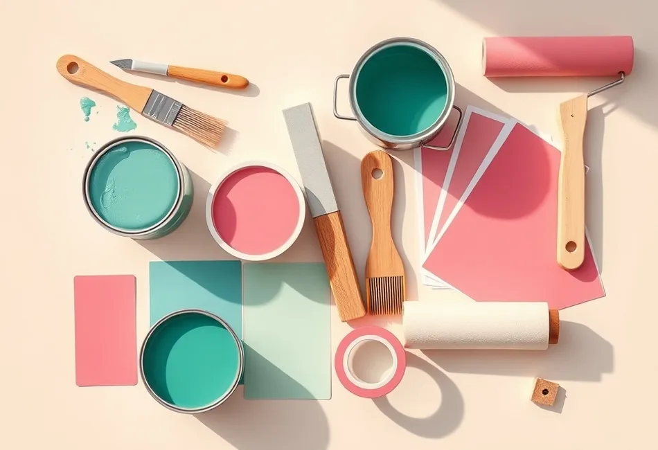 Pots de peinture, nuancier, brosses et rouleaux disposés à plat