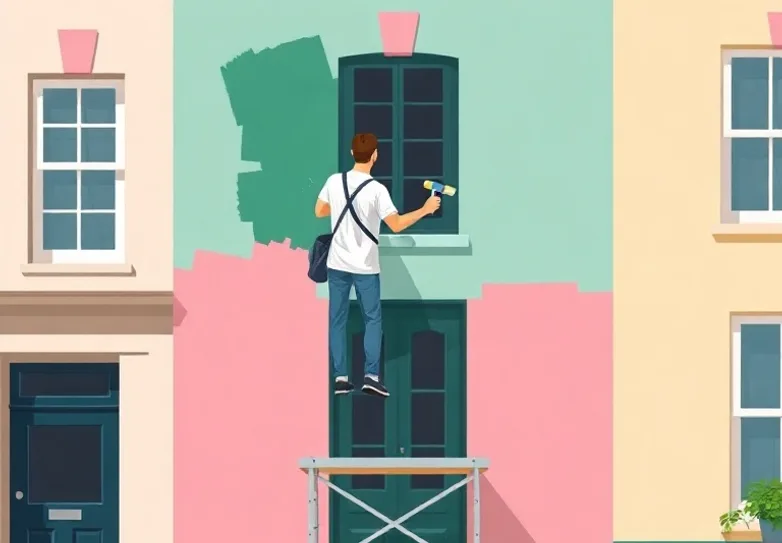 Peintre sur échafaudage traitant la façade d'une maison