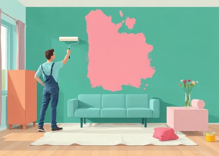 Peintre appliquant la peinture au rouleau sur un mur de salon
